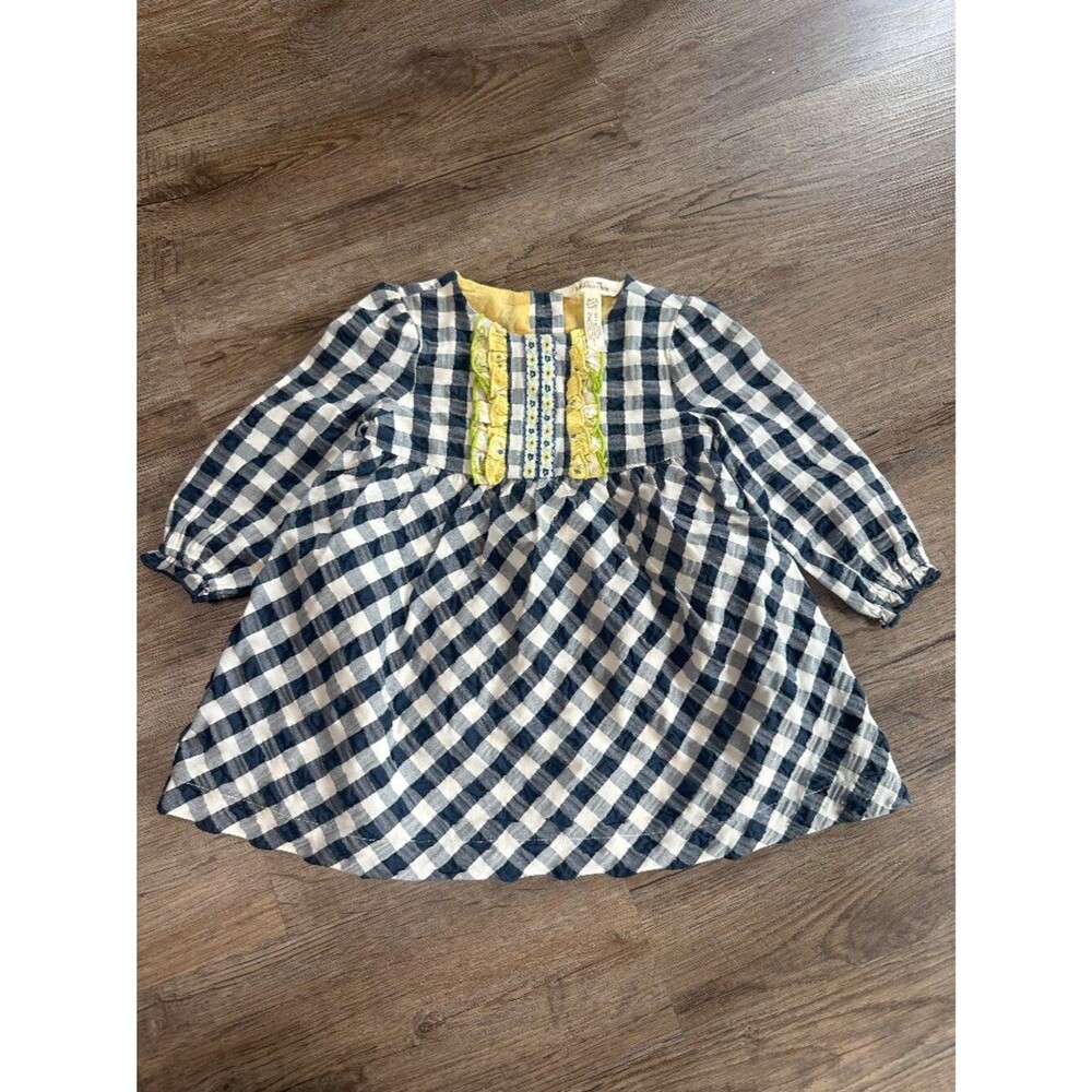 Matilda Jane Gingham Giggles Dress 3-6 Months Yellow White Long Sleeve Textured